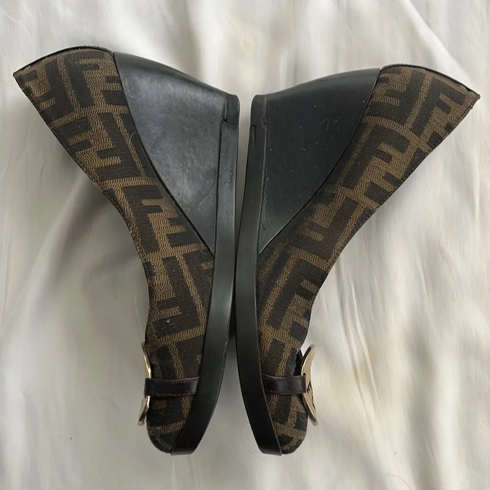 Fendi Zucca Print with big metal FF logo wedge size 36 1/2 / 6 1/2 with flaws
